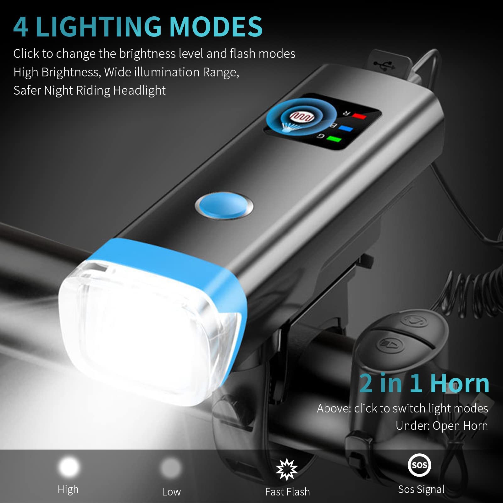 Proberos USB Rechargeable 2400 mAh Cycle Light and Horn with 120BD Cycle Headlight 4 Light Modes Waterproof Bicycle Light 350LM Highlight Intelligent Induction Proberos USB Rechargeable 2400 mAh Cycle Light and Horn with 120BD Cycle Headlight 4 Light Modes Waterproof Bicycle Light 350LM Highlight Intelligent Induction